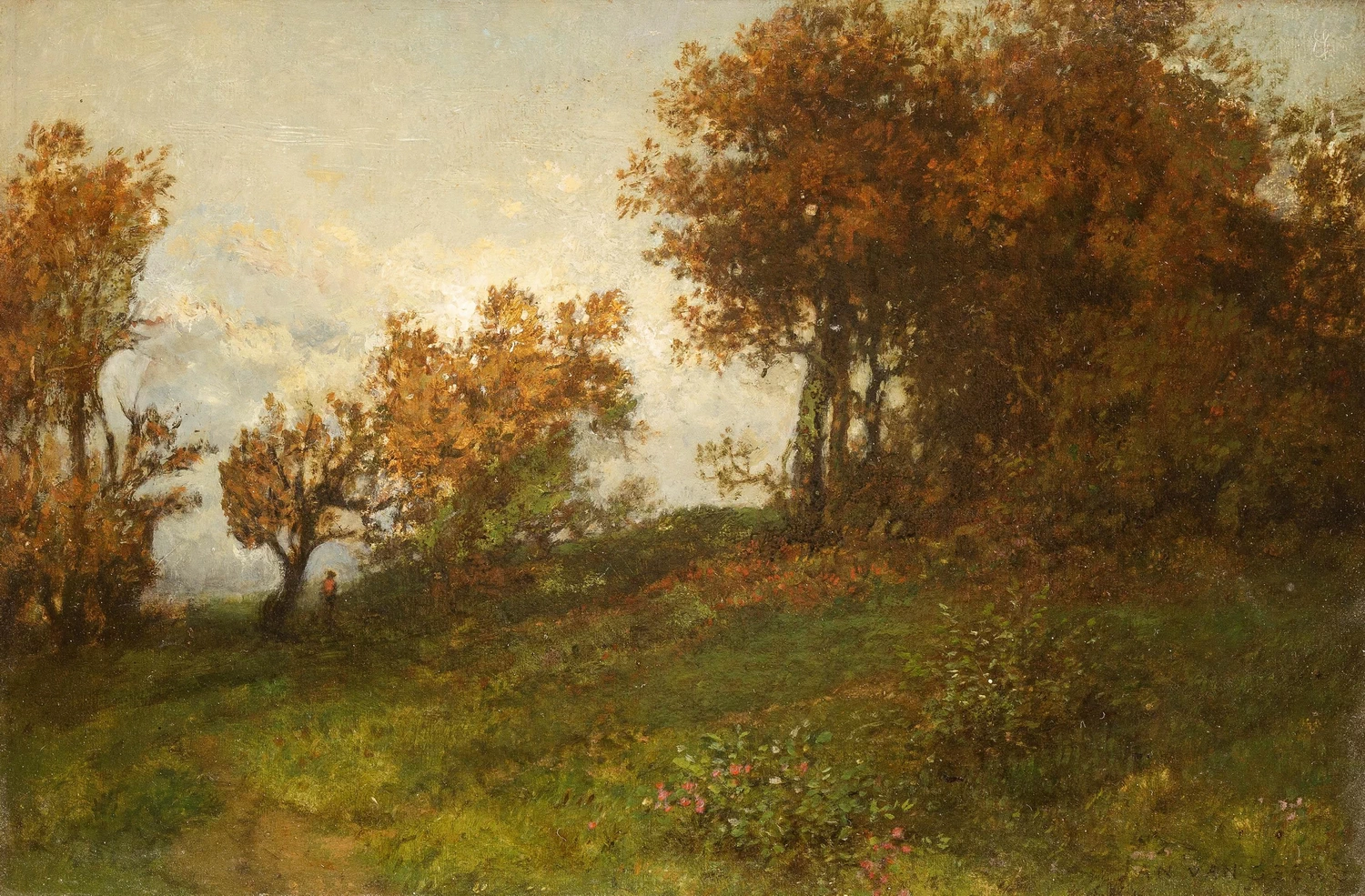 Paesaggio collinare con alberi e figure